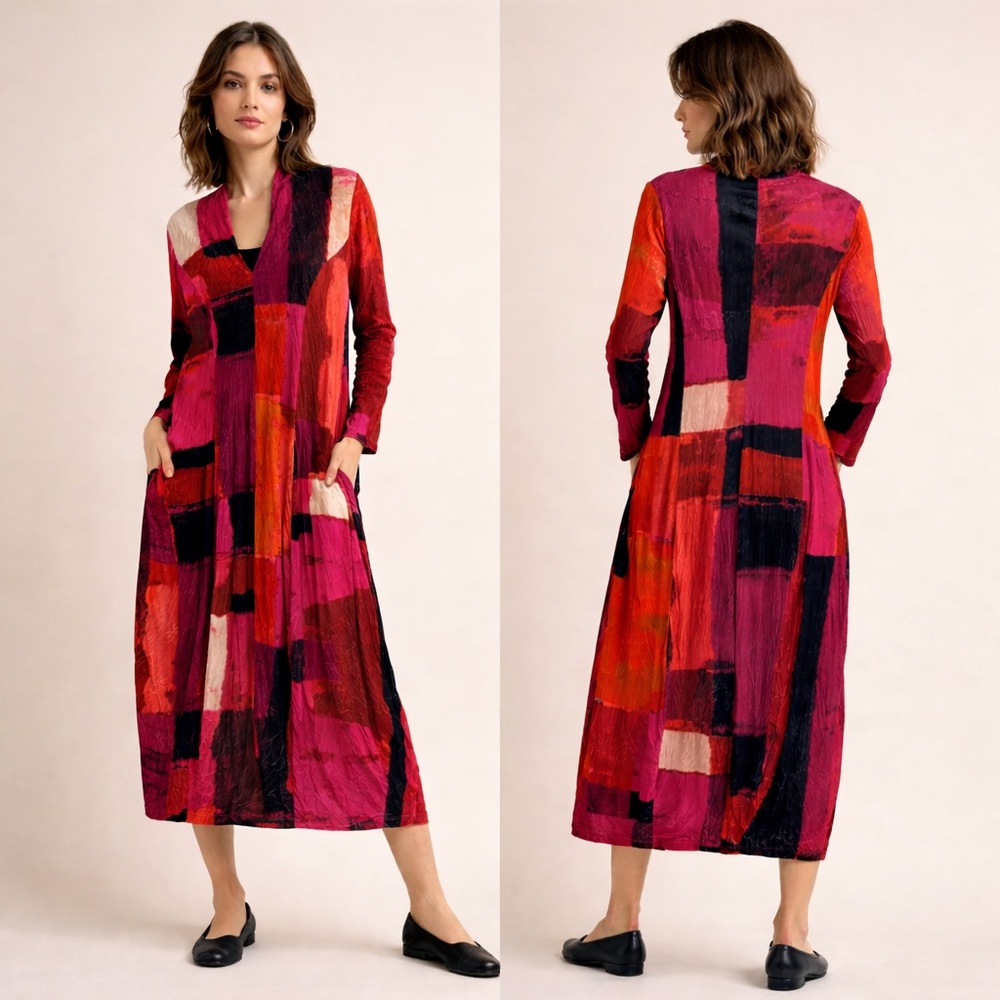 Alembika Patchwork Cocoon Sunset Strip Midi Dress Long Sleeve Size S (Size I)